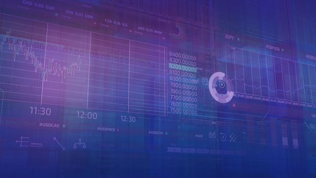 Infographics on the theme of stock trading, exchange rates and the global market are animated in three-dimensional virtual space.