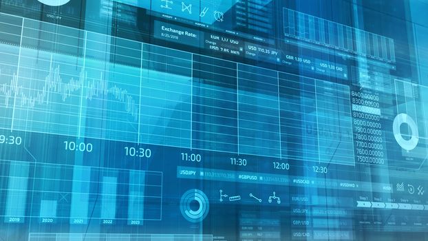 Infographics on the theme of stock trading, exchange rates and the global market are animated in three-dimensional virtual space.