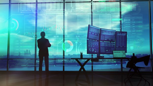 In an office with large windows, there is a silhouette of a trader looking at an infographic showing the exchange area and trading data.