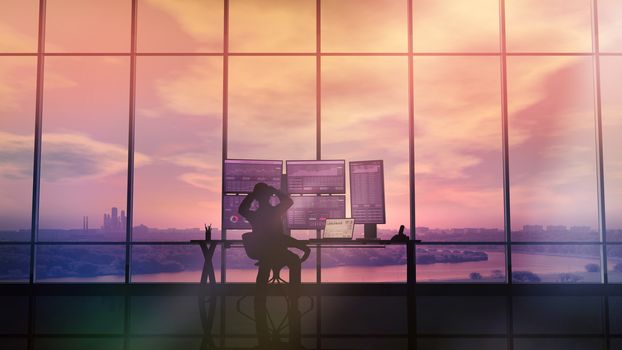 In an office with large windows, there is a silhouette of a trader looking at an infographic showing the exchange area and trading data.