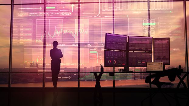 Female silhouette in front of infographics on the theme of trading and trading on the exchange.