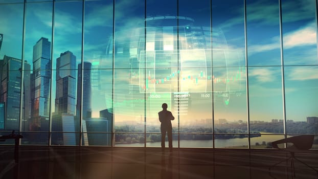 In an office with large windows, there is a silhouette of a trader looking at an infographic showing the exchange area and trading data.