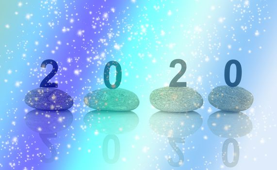 New years resolution 2020 concept, Wooden year number on stones isolated on white background with reflection and copy space