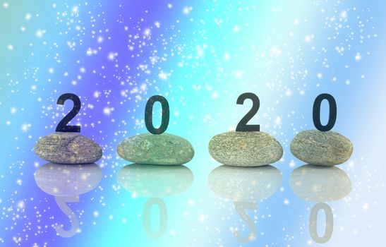 New years resolution 2020 concept, Wooden year number on stones isolated on white background with reflection and copy space