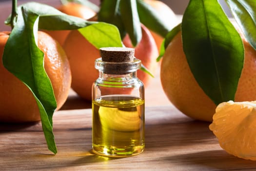 A bottle of tangerine essential oil on a wooden table, with fresh tangerines in the background