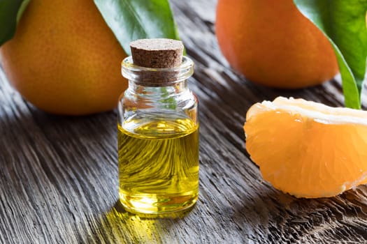 A bottle of tangerine essential oil on a wooden table, with fresh whole tangerines and tangerine wedges in the background