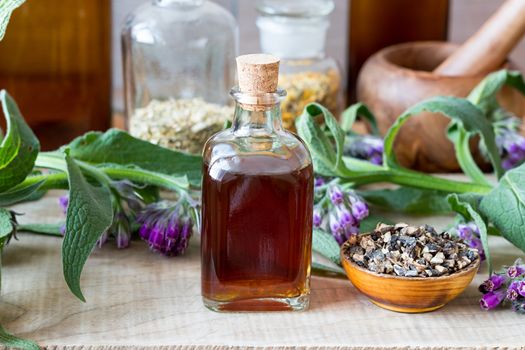 Comfrey tincture with dried root and fresh plant in the background