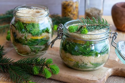 Two jars filled with young spruce tips, lemon and cane sugar, to prepare homemade syrup against cough