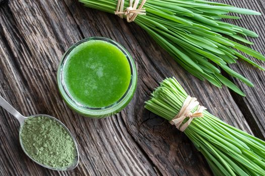 A glass of barley grass juice, top view