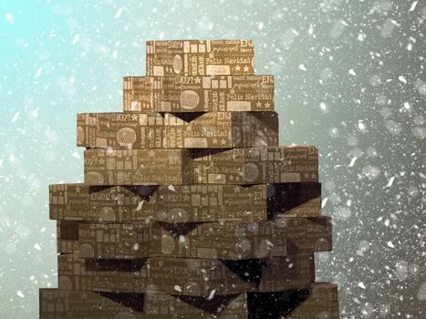 stack of boxes with Christmas package or presents with snowflakes in the winter