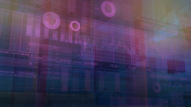 Infographics on the theme of stock trading, exchange rates and the global market are animated in three-dimensional virtual space.