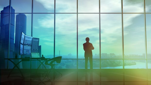 In an office with large windows, there is a silhouette of a trader looking at an infographic showing the exchange area and trading data.