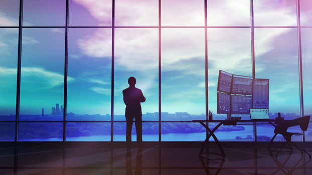 In an office with large windows, there is a silhouette of a trader looking at an infographic showing the exchange area and trading data.