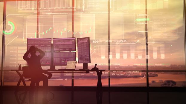 In an office with large windows, there is a silhouette of a trader looking at an infographic showing the exchange area and trading data.