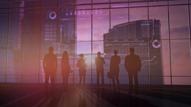 Silhouettes of business teams are closely monitoring the status of the exchange. Information is displayed on a holographic infographic in front of them.