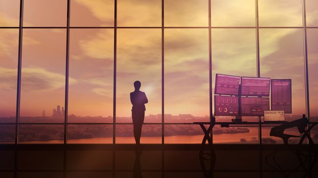 Female silhouette in front of infographics on the theme of trading and trading on the exchange.