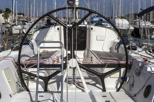 helm station on sailing boat in the dock