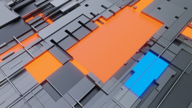 Abstract background of random cubes with bright segments. 3D illustration