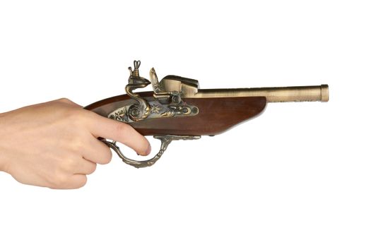 Old flintlock pistol isolated on white background 