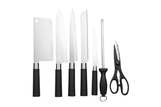 a kitchen knives set isolated on a white background, tableware