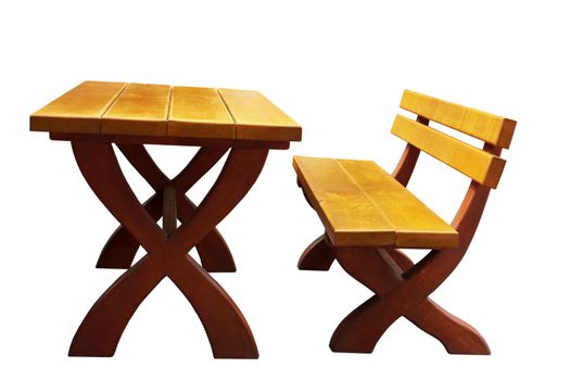 wooden bench and table isolated on a white