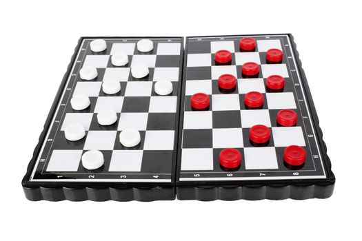 white and black checkers on a checker-board, isolated on white