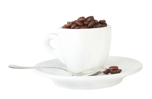 pour coffee grounds into the cup is isolated on a white background