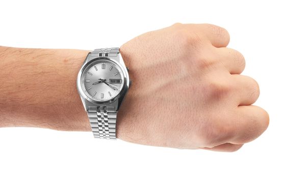 watch on man`s hand on white background