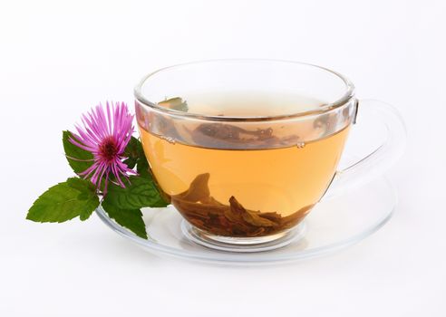 Cup of green tea on a white background 