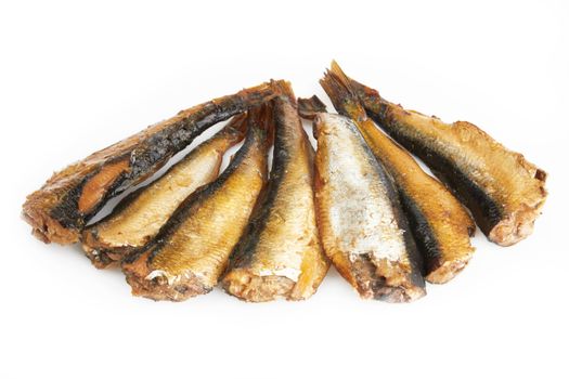 Smoked sprats in oil on white background 