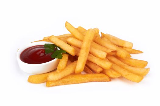 French fries with ketchup on white 