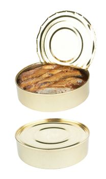 semi open a tin of sprats is isolated on a white background 