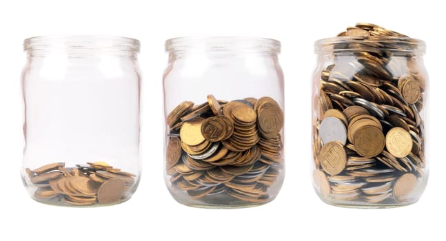 jar of coins isolated on a white background