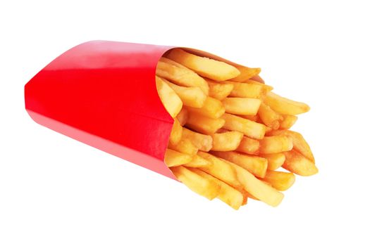 French fries in a red carton box isolated on white 