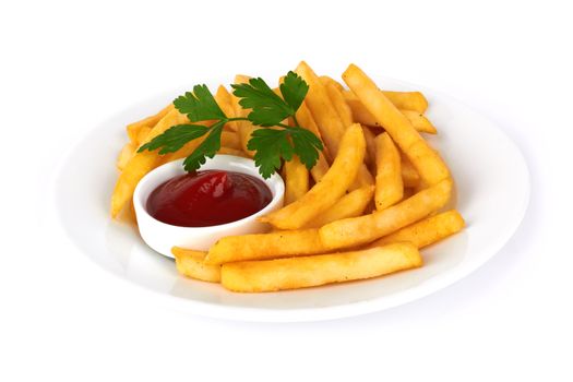 French fries with ketchup closeup over white 