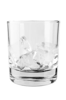 Glass of ice cubes isiolated on white background with reflections 