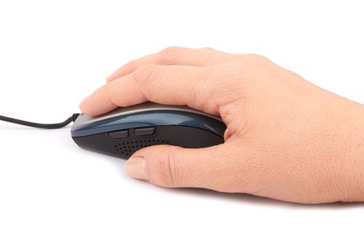 computer mouse and hand close up on a white