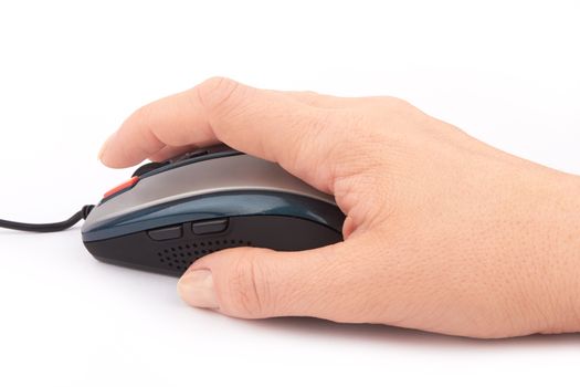 computer mouse and hand close up on a white 