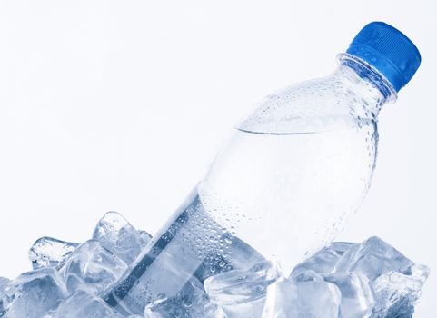 Water bottle in ice on white background 