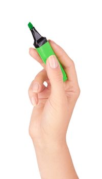 Green highlighter in hand isolated on white background 