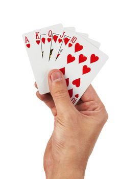 Playing cards in hand isolated on white background 