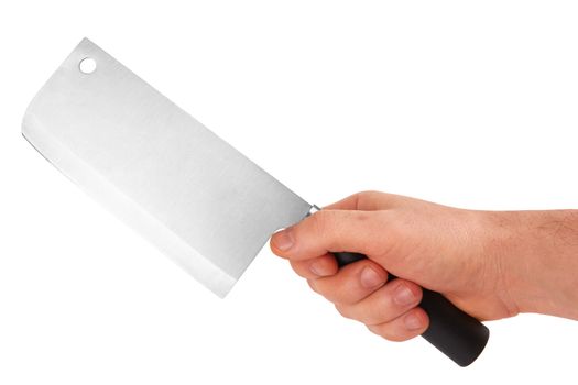 man's hand holds a knife for meat on white background