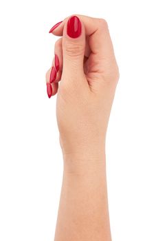 hand of a young woman with long red manicure on