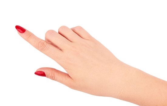 Isolated female hand touching something on a white