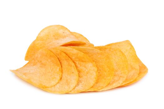 Stack of potato chips on a white background