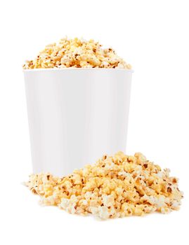 Full bucket of popcorn. Isolated on white 