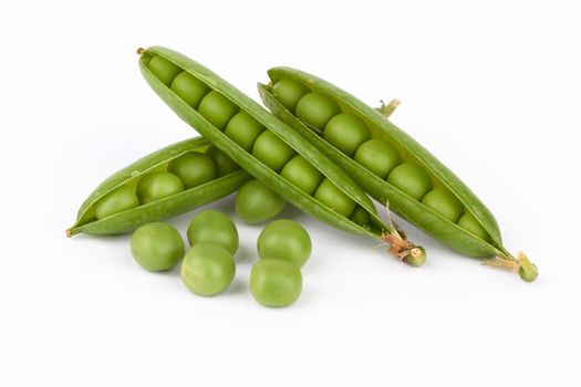 Fresh green pea pod on white background