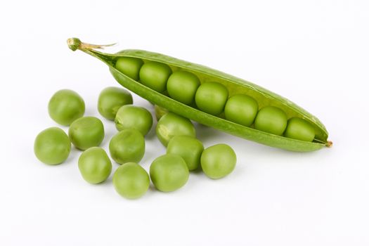 Fresh green pea pod on white background