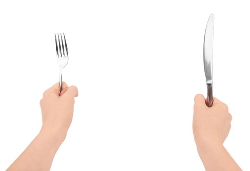 Hands holding knife and fork isolated on a white background