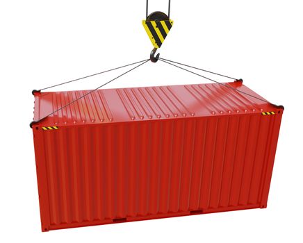 Red cargo container hoisted by hook, isolated on white. 3D rendering